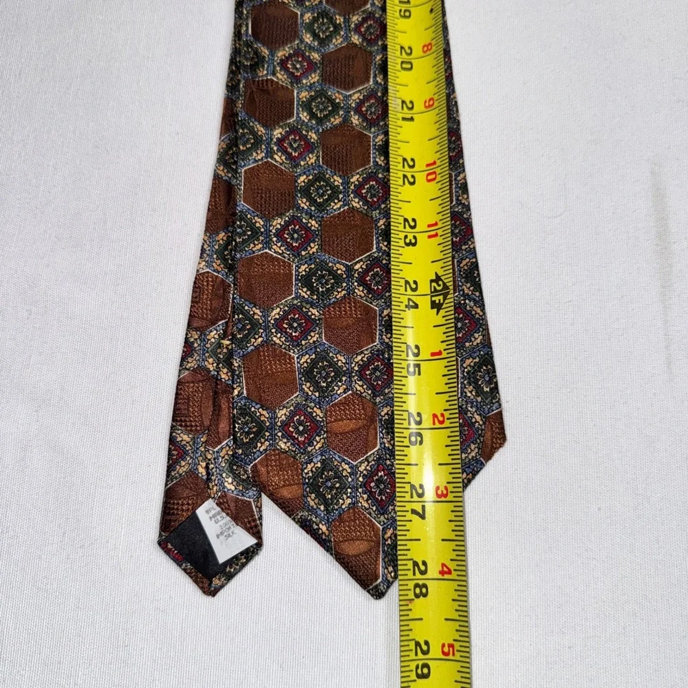 Oscar de la Renta Mens Silk Tie Brown Green Geometric Honeycomb Medallion USA
